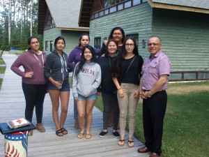 Nishnawbe-Aski Nation (NAN) Grand Chief Harvey Yesno (pictured on far right) was a guest speaker at the Ninth Annual Wabun Youth Gathering held in Elk Lake, July 13 to 24. Also pictured from L-R are: Kaytlya Julien, Matachewan FN; and Mattagami FN members Kiara Constant, Emily Ludebeck, Kaylee Naveau, Koral Saile, Gillian Prince and Elizabeth Norman. 